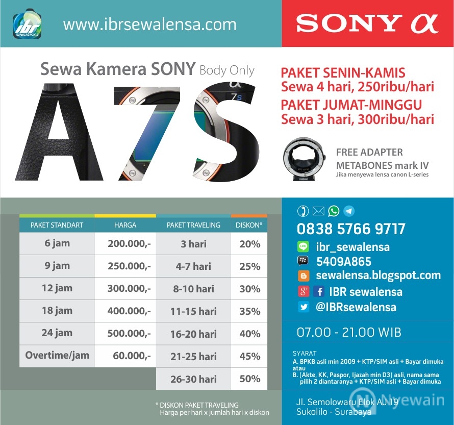  SEWA  KAMERA RENTAL KAMERA SONY A7S 4 baterai 2x64GB 